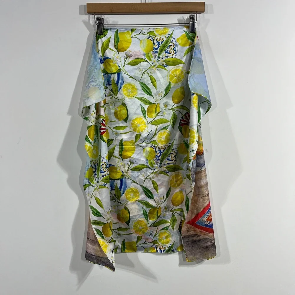 Mediterranean Lemon & Portrait Print Square Scarf Italian Style Watercolor Blue